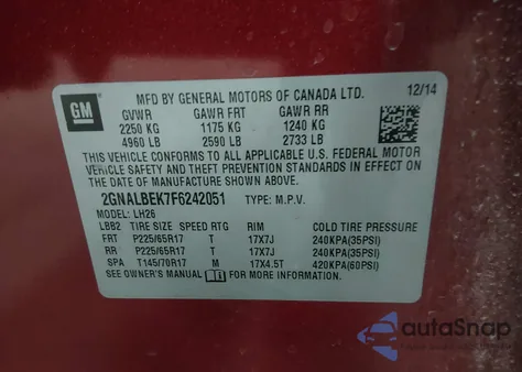 2015 Chevrolet Equinox 1Lt z USA, uszkodzony, nr VIN 2GNALBEK7F6242051